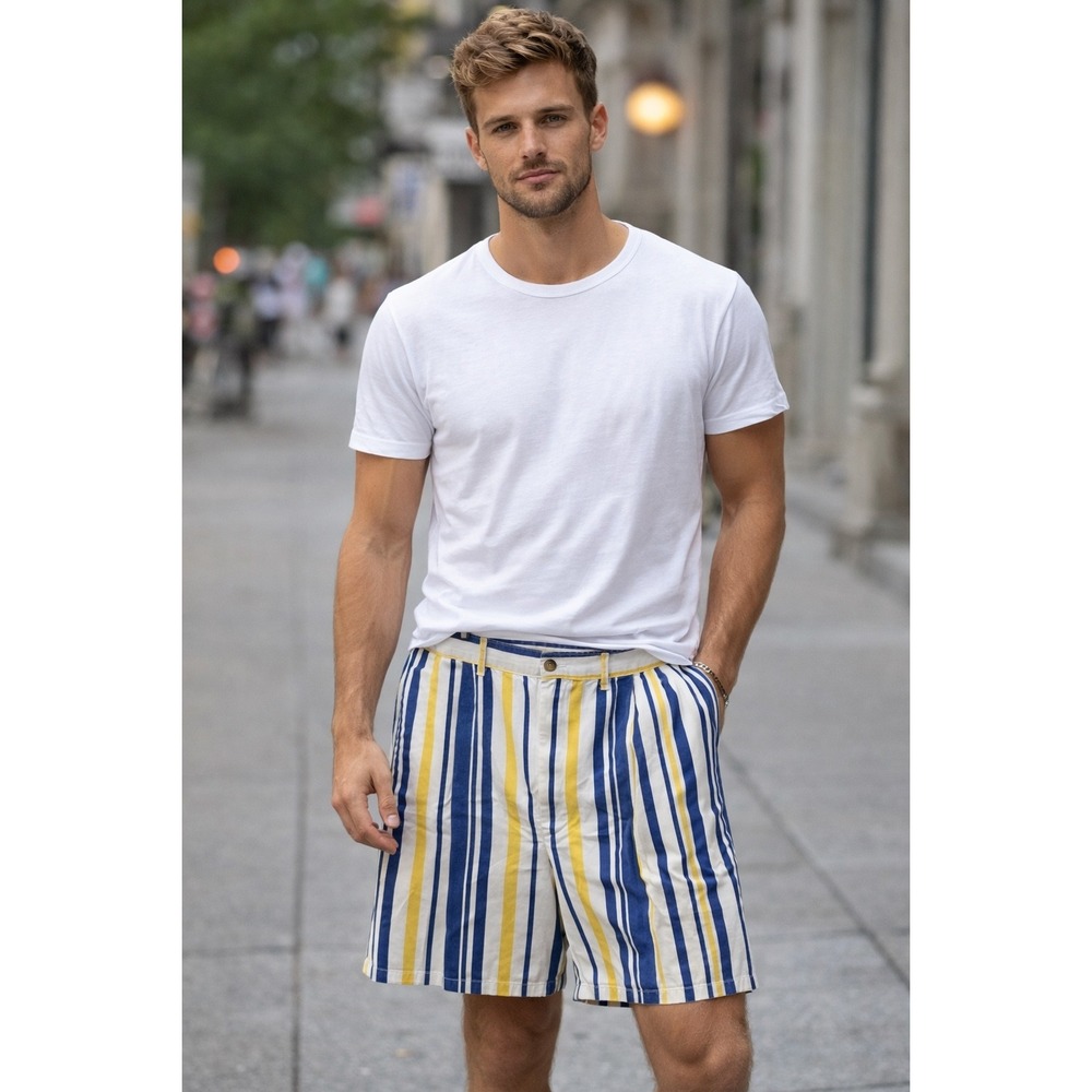 Cotton Brothers Shorts Mens 42 Blue Yellow White Stripe Nautical Preppy USA Made